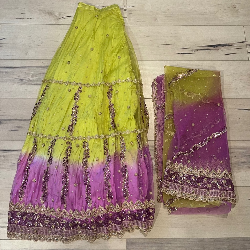 Women’s Wedding Indian 2 Piece Lime Green & Purple Skirt w Matching Wrap